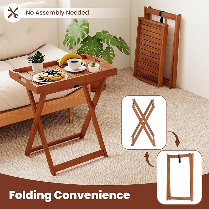 Giantex Outdoor Side Table, Wooden Folding Table with Removable Tray Top, Food Serving Tray with Stand for Patio, Porch, Garden, Backyard & Poolside