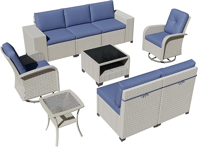 9-Piece Outdoor Patio Furniture Set, Modular Sectional Sofa Set with Swivel Rocker Chairs, Wicker Outdoor Couch Conversation Sets w/Coffee Table and Cushions, Blue