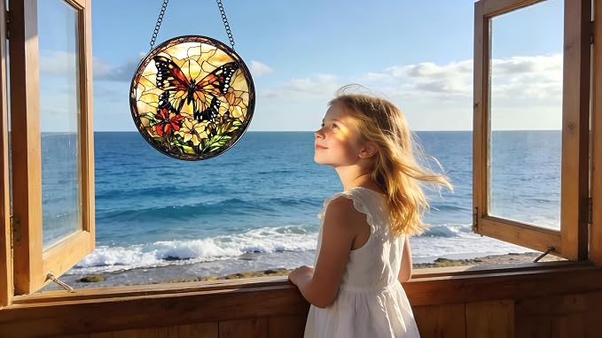Stained Glass Window Hanging - Butterfly Red Flowers Yellow Flowers 6.3 Inches Suncatcher for Garden Home Decor for Women Mom Grandma Friends