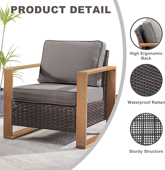 Rilyson 3 Piece Wicker Patio Furniture Set,Patio Bistro Set with 2 Rattan Armrest Chairs and 1 Side Table,Sturdy Frame,All-Weather PE Wicker,Wide Armrest,Deep Seating and Thick Cushions(Brown/Grey)