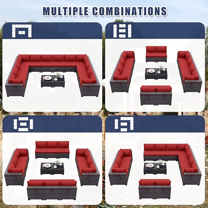 Patio Furniture Set 14-Piece Outdoor Furniture for Backyard Wicker Sectional Sofa Set, PE Rattan Patio Conversation Set 12 Seat with 4 Inch Thickened Cushions and Glass Coffee Tables, Red