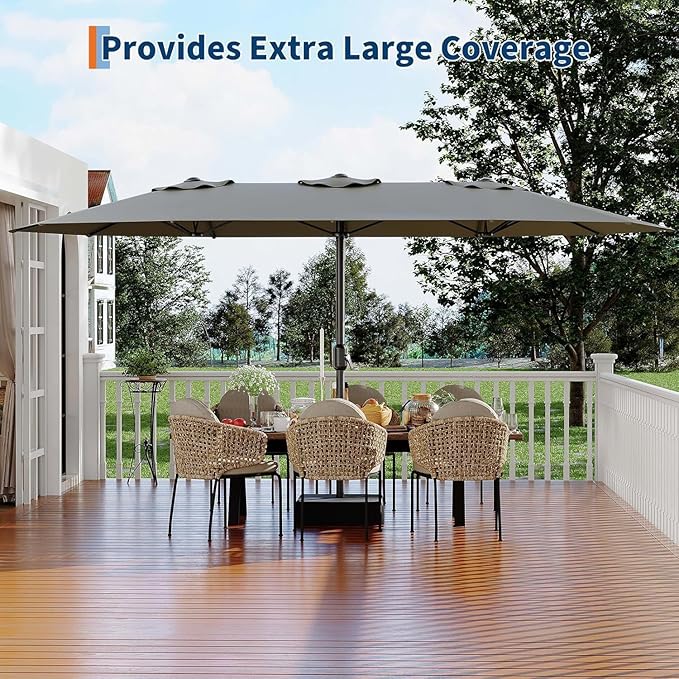 15FT Extra Large Double-Sided Patio Umbrella with Solar LED Lights – Heavy-Duty Rectangular Outdoor Market Umbrella, Fade-Resistant UV Canopy, Included Base for Backyard, Pool, Deck, Garden – Beige/Mist Blue