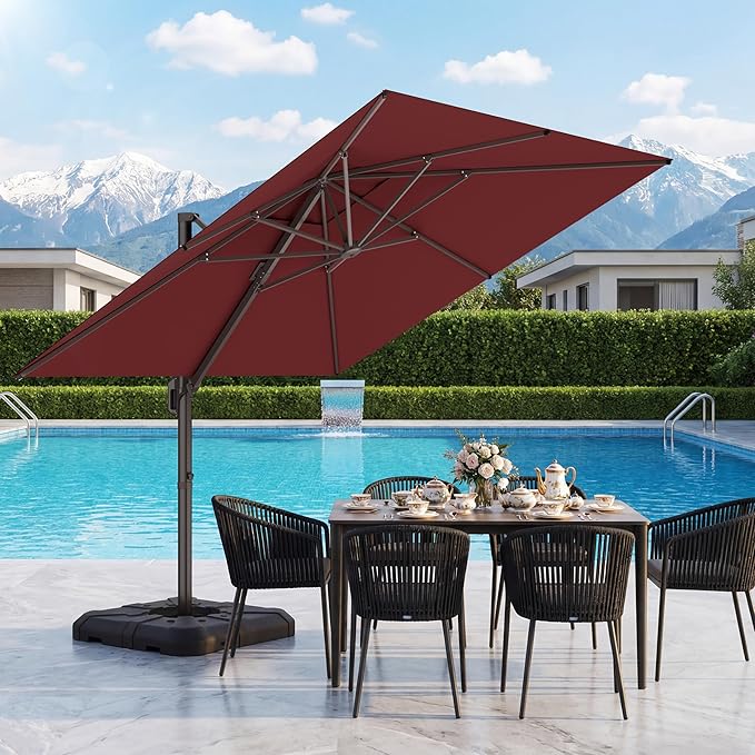 HASLE OUTFITTERS 10x10 FT Patio Cantilever Umbrella, Outdoor Offset Large Heavy Duty Umbrellas with 360° Rotation for Pool Garden Deck，Red