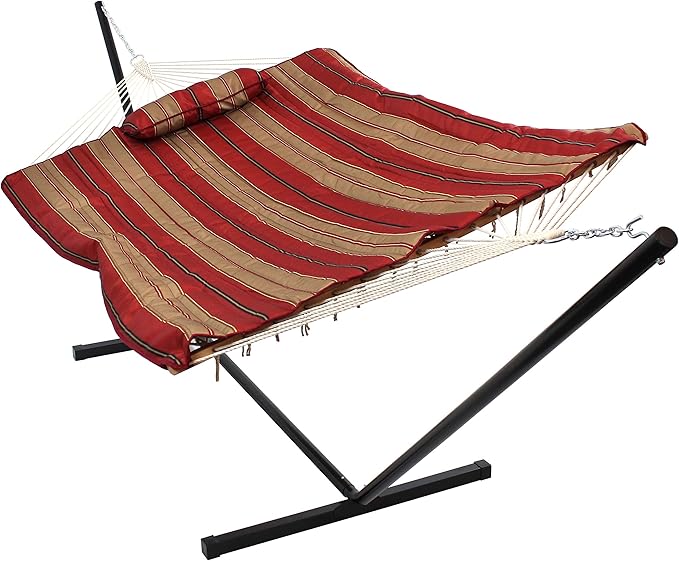 Sunnydaze Rope Hammock with Stand for Outside- 275-Pound Capacity - Includes 12-Foot Hammock Stand, Spreader Bar, Pad, and Pillow - Green Stripe