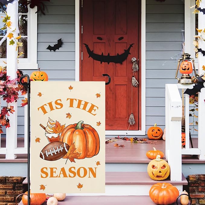 Fall Garden Flag 12X18 IN Double Sided Football Pumpkin Maple Leaves Fall Garden Flags for Autumn Farmhouse Yard Outside Decoration
