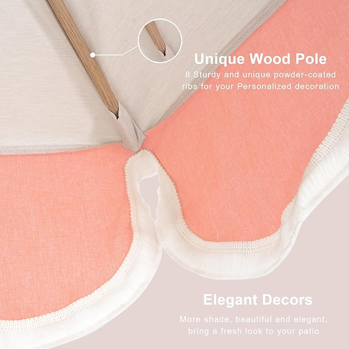 Tempera 9ft Scalloped Patio Umbrellas with Fringe, Market Umbrellas with Water-Resistant and Fade Resistant Canopy, 1.5" Wood Pole & Button Tilt,Beige Spliced Coral Red