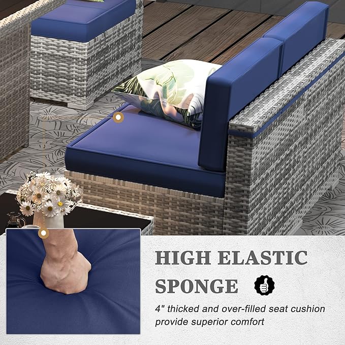 8 Pieces Patio Furniture Set with 44" Propane Gas Fire Pit Table, Outdoor Sectional Wicker Conversation Sofa Sets with Coffee Table