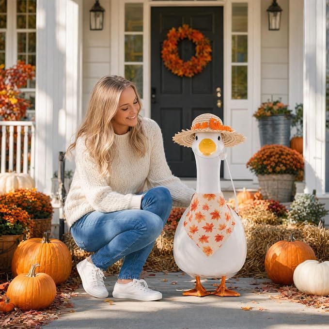 2Pcs Fall Outfit for Porch Goose - Autumn Maple Leaf Bowknot Straw Hat with Bib Accessories for 23'' Cement Statue, Garden Lawn Thanksgiving Halloween Outdoor Decoration