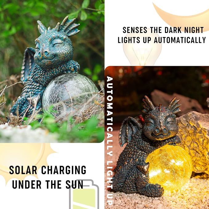 Solar Dragon Garden Statue, Dragon Solar Lights with Crackled Glass Globe | Solar Dragon Statue with Glowing Light, Fantasy Outdoor Decor for Garden, Patio, Yard, Fairy Ggarden and Dragon Lovers Gifts