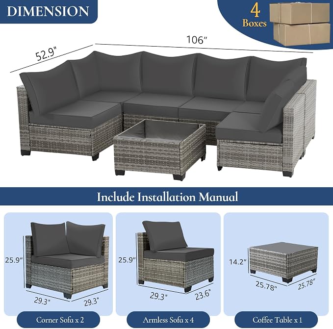 FHFO 14 Piece Outdoor Wicker Patio Furniture Set, Grey/Dark Grey | Sectional Sofa | All-Weather Hand-Woven Rattan | Tempered Glass Coffee Table | Free Combination | Indoor & Outdoor Use