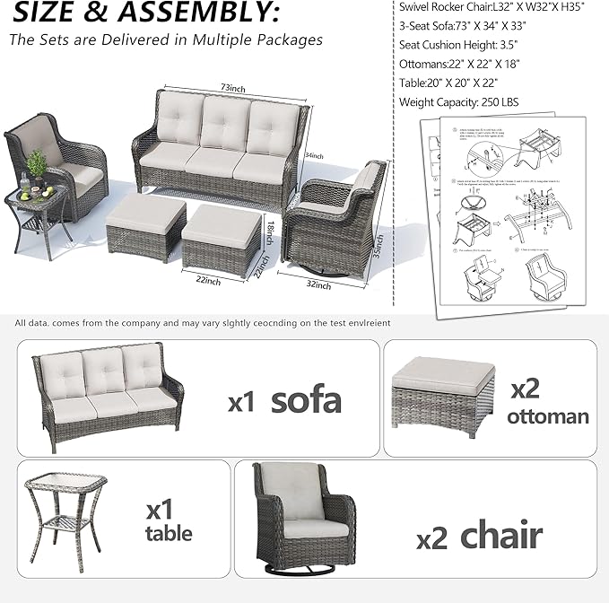 Wicker Patio Furniture Set 6 Piece Set with 1 Three-Seat Sofa, 2 Swivel Rocker Chairs, 2 Ottomans and 1 Side Table, Outdoor Furniture Patio Conversation Sets(Mixed Grey/Beige)