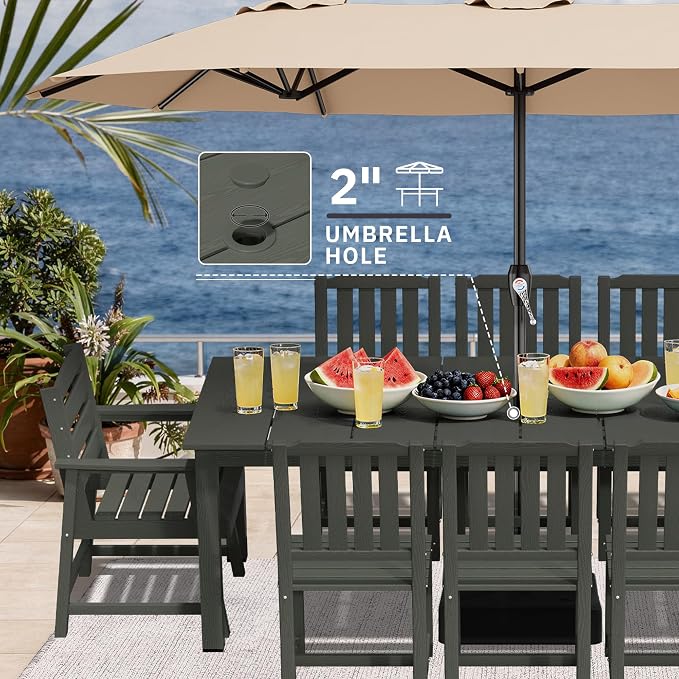 AreShark 7-Piece Outdoor Dining Set,HDPE Patio Table with 6 Armchairs,All-Weather Patio Furniture Set with Umbrella Hole,Low Maintenance Wood Grain Dining Set for Backyard,Garden,Poolside,Black