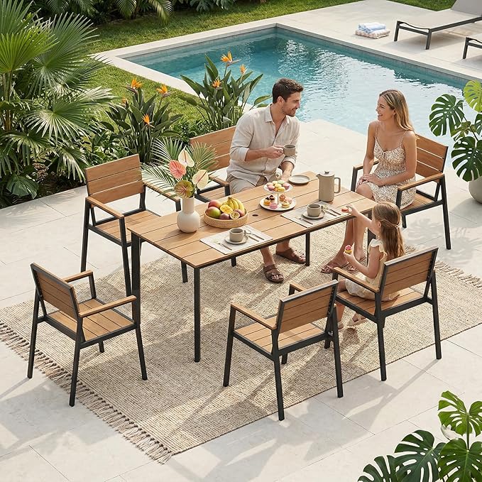 Outdoor Dining Set for 6, Patio Table and Chairs Set with Umbrella Hole, 7 Pieces HDPS + Aluminum Outdoor Furniture Sets for Patio, Garden (Gray & Teak)