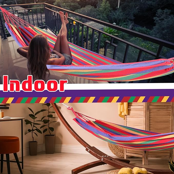 Windyun 2 Sets Cotton Canvas Hammock Large Double Hammock 400lbs Portable Camping Hammocks for Outside with Carrying Bag Sturdy Metal Knot Ropes and Tree Straps for Travel Patio Garden Backyard (Red)