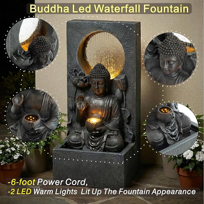 Zen Fengshui 28" Outdoor Buddha Water Fountain with LED Lights – Freestanding Resin Waterfall Statue, Asian Fengshui Decor for Garden, Patio, Backyard & Home, Relaxing Gift