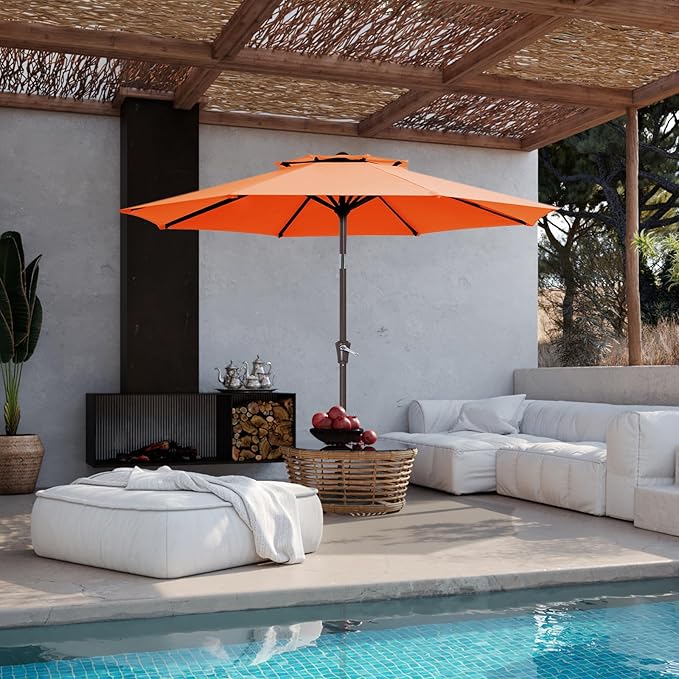 JEAREY 9' 2-Tiers Patio Umbrellas Outdoor Table Market Umbrella w/Push Button Tilt/Crank, 8 Sturdy Ribs, UV Protection Waterproof Sunproof(Orange)
