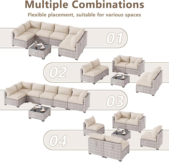 7 Piece Outdoor Patio Furniture Set, Rattan Chairs Glass Table Wicker Conversation Seating Sectional Sofa with Cushions (Grey White-Beige, 7Pcs-Straight Back)