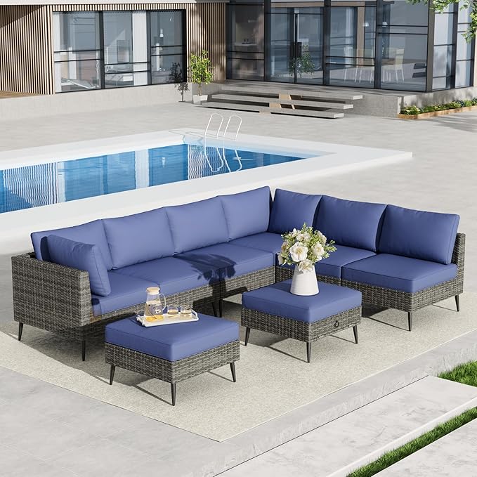 LVUYOYO 8 Pieces Outdoor Patio Furniture Set, Wicker Sectional Sofa Set for All-Weather, Rattan Conversation Sets with Cushions and Storage for Deck, Backyard, Porch (Grey)