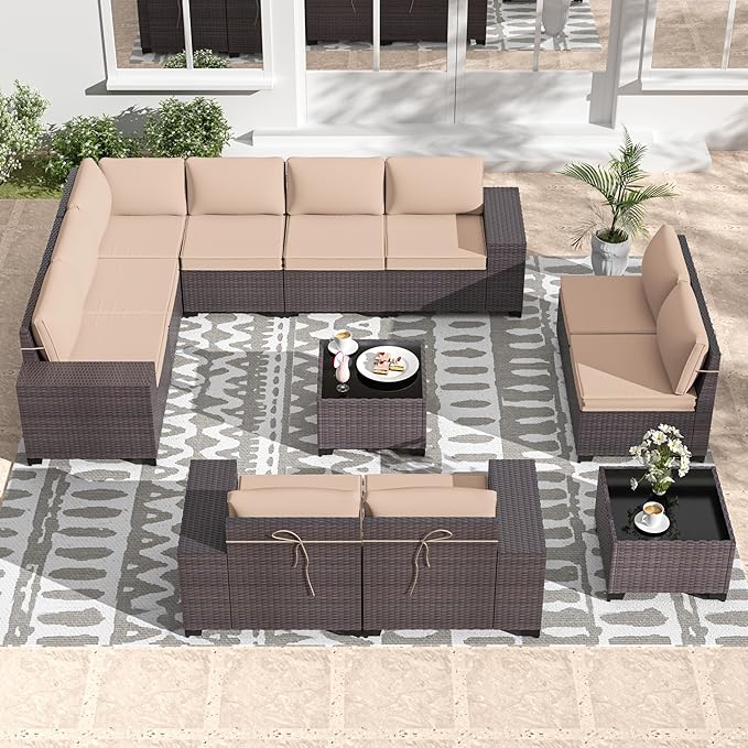 Gotland 12 Pieces Patio Furniture Set, Wicker Outdoor Sectional with Wide Armrests 29.5'' High Backrest 4'' Thick Waterproof Cushions, Oversized Patio Furniture for Deck Garden Khaki