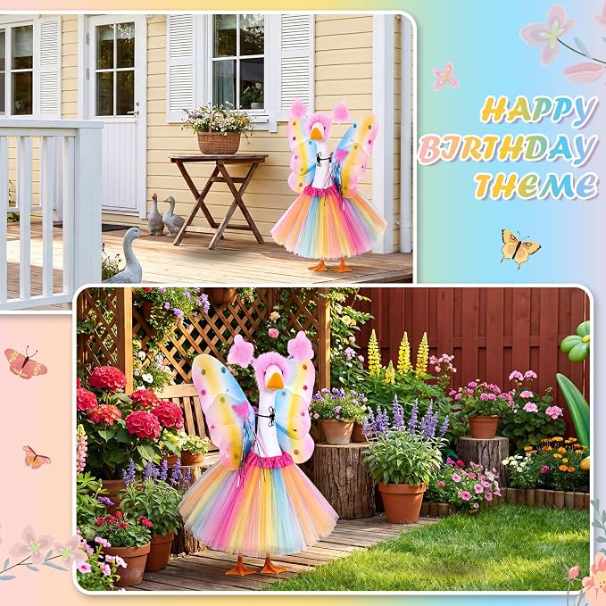 5pcs Butterfly Porch Goose Outfit Costume Tutu Skirt Butterfly Wing Wand Flower Crown for 17‘' 23‘' Cement Goose