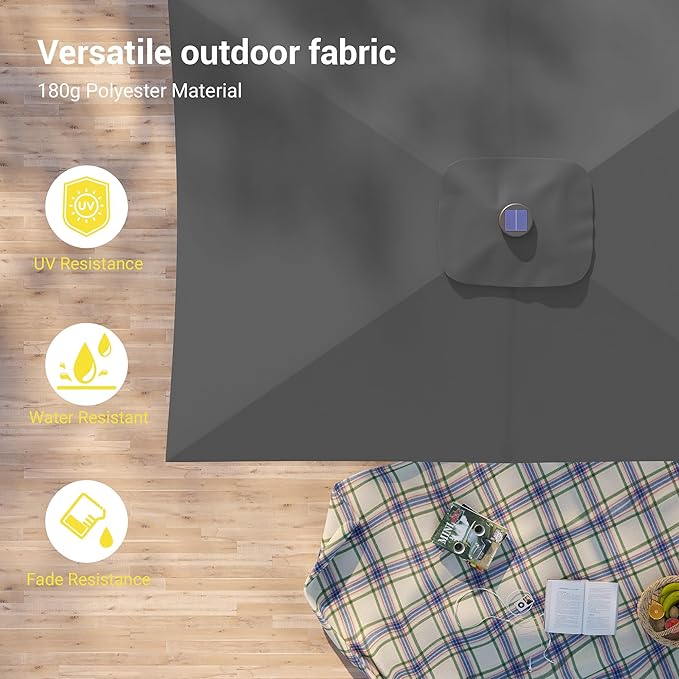 Rectangle Patio Umbrella with Solar Lights, 10 x 6.5ft Rectangular Outdoor Umbrella Table Market Patio Umbrella with Push Button Tilt and Crank for Garden, Deck, Backyard, Pool
