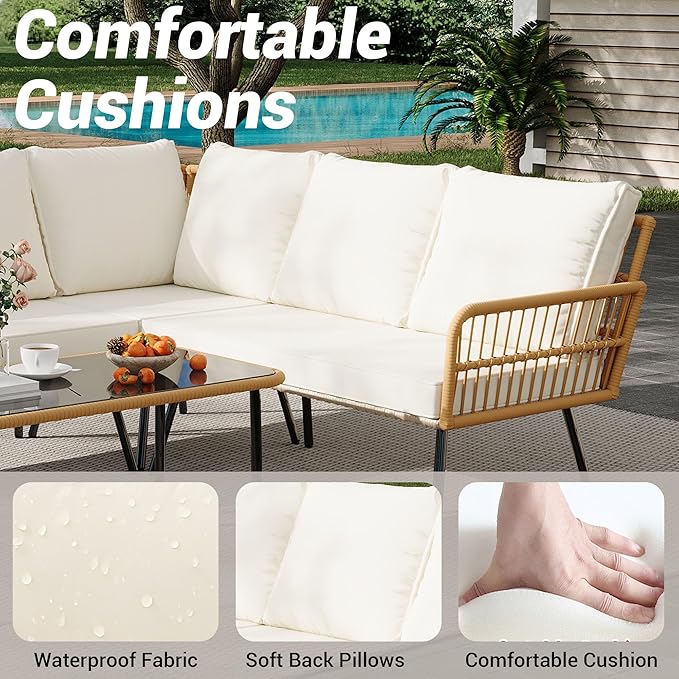 GarveeLife Wicker 4 Pieces Patio Furniture Sets Outdoor Sectional L-Shaped with Cushions & Side Table and Chairs Set, Boho Rattan 5 Seater Conversation Sets for Apartment, Bistro, Backyard,Porch,Beige