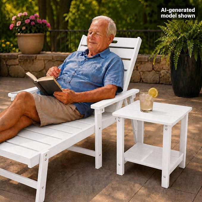 MXIMU Outdoor Side Table 2 Tier: Heavy-Duty Sturdy Warp Resistant Adirondack Table - Wood Grain Finish Outdoor End Tables - Easy Assembly & Low Maintenance Patio Side Table White