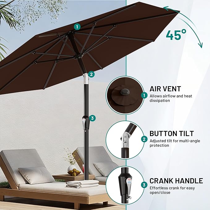 AreShark 10 FT Outdoor Patio Umbrella, Patio Table Umbrella with Push Button Tilt and Crank, Outdoor Patio Umbrellas with 8 Fiberglass Ribs, Patio Umbrellas for Market, Garden, Pool (Brown)