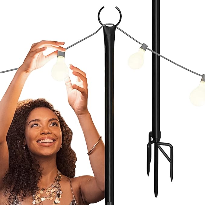 Holiday Styling String Light Poles for Outdoor String Lights - Metal Light Pole w/Hooks for Outdoor String Lighting - Patio Light Accessories Ideal for Backyard, Weddings, and Parties