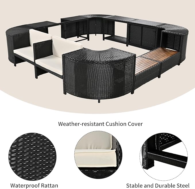 LUMISOL Square Spa Surround Spa Frame, Quadrilateral Outdoor Rattan Sectional Sofa Set with Sofa, Wood Seats and Storage Spaces for Free Combination, Patio Conversation Set for Poolside Garden, Beige