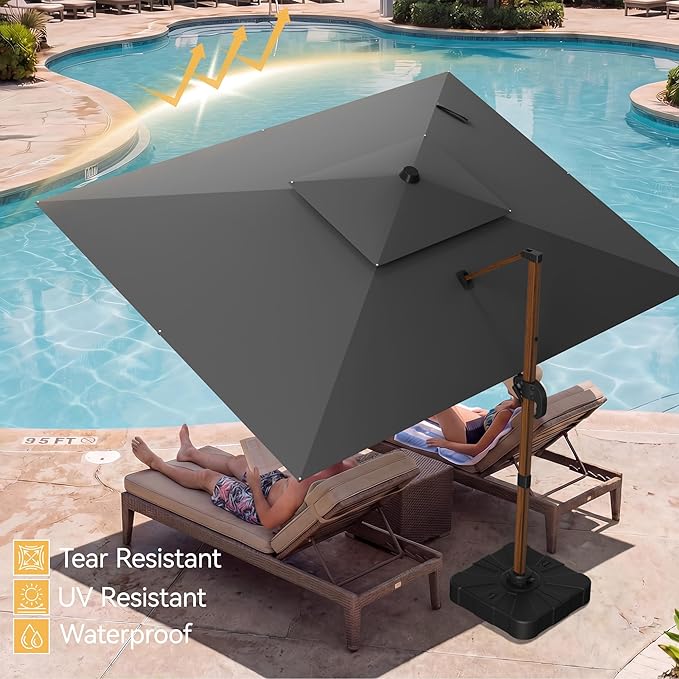 10x13 FT Wood Pattern Patio Umbrella, Large Deluxe Cantilever Rectangular Double Top Heavy Duty Offset Umbrellas with 360° Rotation, Outdoor shade for Garden Deck Pool Patio, Grey