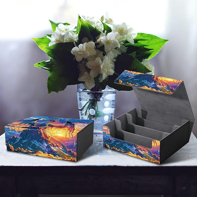 Large Card Deck Box for MTG, Fits 1200+ Sleeved Cards, PU Leather Storage Case with Strong Magnetic Closure, Multiple Colors for TCG CCG Baseball Card Collections, Mountain Sunset Dragon