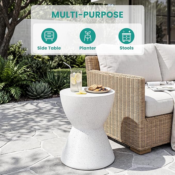 SUNBURY Outdoor Concrete Side Table, 19" H Outdoor End Tables Cement Accent Table Hourglass Shaped, Lightweight Modern Small Garden Stool, Decorative Garden Stool for Patio, Backyard, Ink Spot White