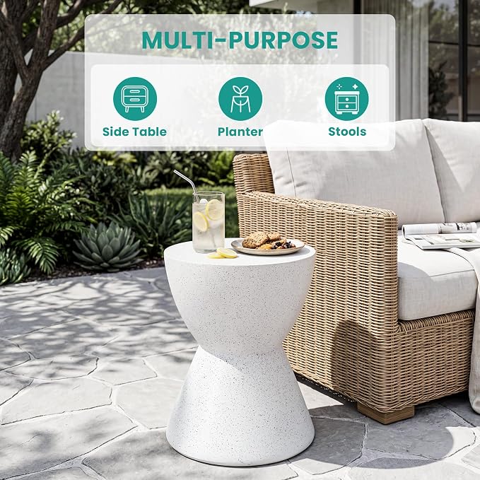 SUNBURY Outdoor Side Table Concrete, 19" H Outdoor End Tables Geometric Hourglass Shaped, Lightweight Round Accent Table, Decorative Modern Garden Stool for Patio, Backyard, Spotted White