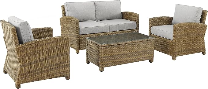 Crosley Furniture Bradenton 4-Piece Outdoor Loveseat Patio Furniture Set, Wicker Conversation Sets for Porch, Brown with Gray Cushions