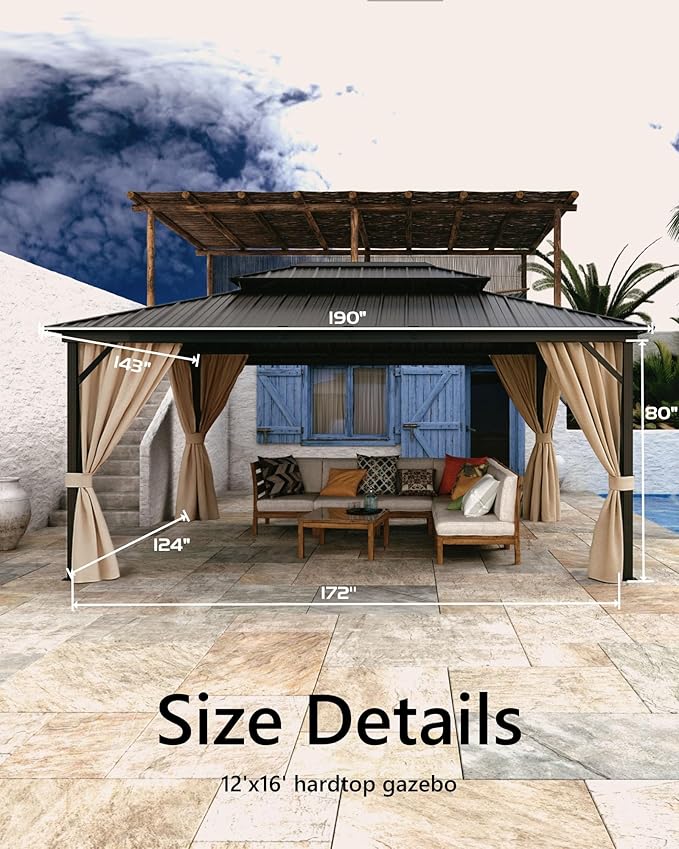 Hardtop Gazebo 12 x 16 ft for All Weather, with Double Metal Roof, Aluminum Alloy Frame, Net, and Curtain, Permanent Building for Patio, Deck, Backyard, Lawn, and Garden