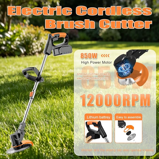 Electric Weed Wacker 21V Brush Cutters Battery Powered 3 in 1 Lightweight Weed Wacker Eater with Blade Adjustable Pole Cordless Grass Trimmer with 2 * 2.0Ah Batteries and Charger for Garden Yard Black