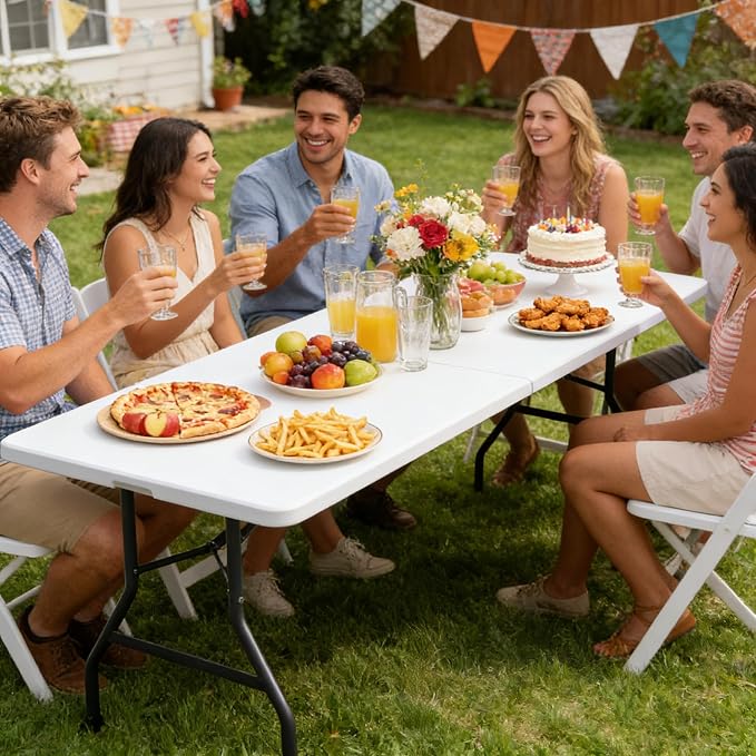 ZenStyle Indoor Outdoor 8ft Heavy Duty Folding Table - Portable Plastic Top w/Steel Legs & Handle for Camping, Picnics, Dining, Parties (White)