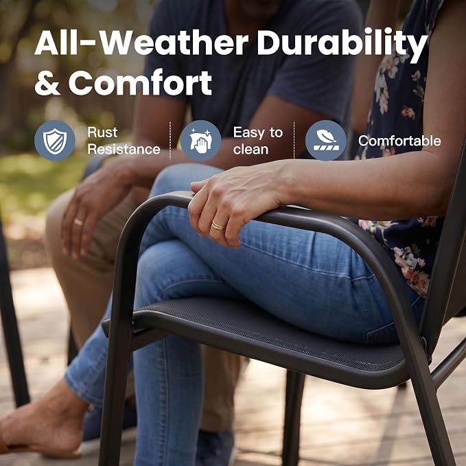 VICLLAX Outdoor Dining Set for 8, All Weather Metal 9 Pieces Patio Set-53 Round Outdoor Table and Stackable Chairs for Lawn Garden and Backyard, Black Tabletop