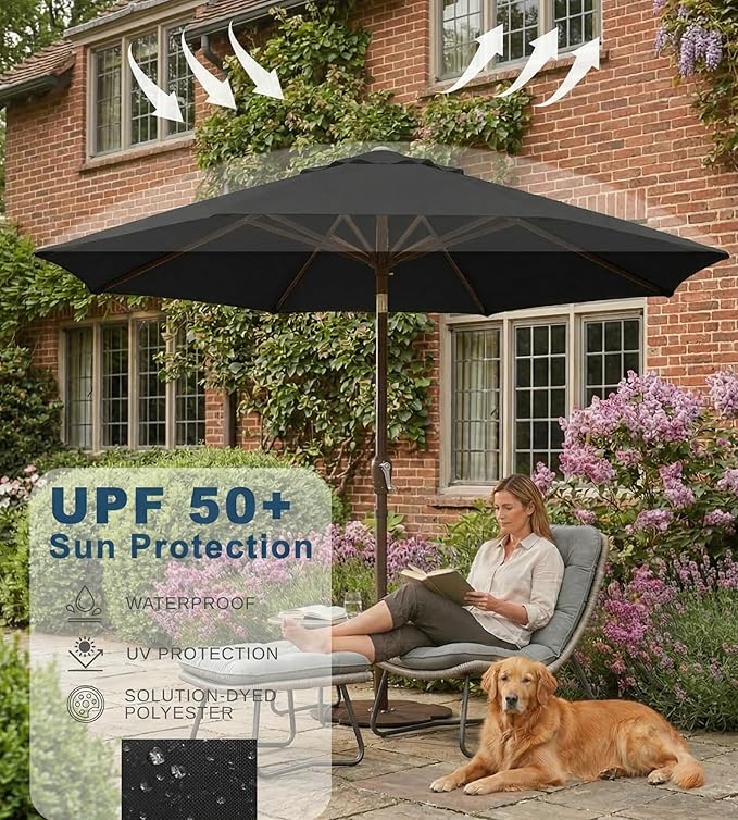 PatioKingdom 9FT Patio Outdoor Umbrella-UPF 50+ Sun Shade with Wind Vent, Push-Button Tilt & Smooth Crank Lift, Rust-Resistant Fiberglass Frame for Garden, Backyard,Yard (Black)