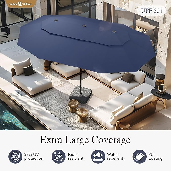 Sophia & William 15ft Extra Large Patio Umbrella with Base Included, 2-Tier Double-Sided Rectangle Outdoor Umbrella with Stand, Market Umbrella for Pool Garden Backyard, Navy Blue
