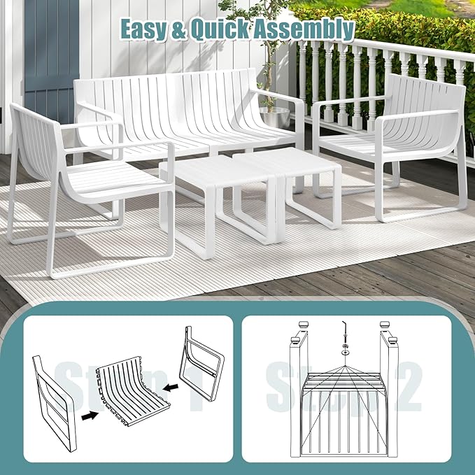 Tangkula 5-Piece Patio Furniture Set, Outdoor Conversation Set w/1 Loveseat, 2 Patio Chairs & 2 Side Tables, All-Weather Patio Bistro Set for Lawn, Backyard, Poolside, Balcony, Garden, Deck (White)