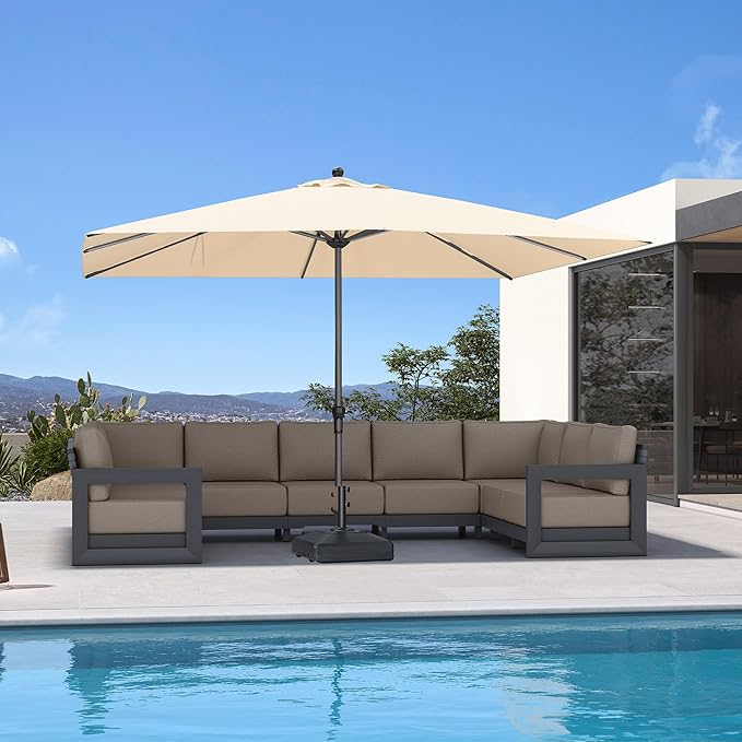 PURPLE LEAF 11.5' x 8' Rectangle Patio Market Umbrella with Base Outdoor Table Umbrellas Aluminum Frame Sun Shade with 8 Sturdy Ribs for Garden Deck Lawn Pool Beige