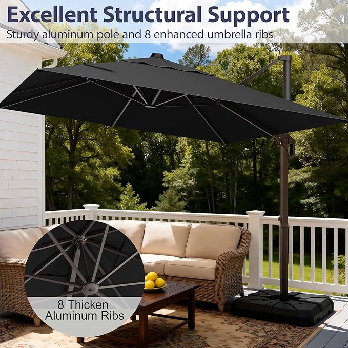 9' X 12' Cantilever Patio Umbrella Rectangle Outdoor Umbrella with Base Included, 6-Level Tilt & 360° Rotation Offset Umbrella for Garden, Deck, Pool (Black)
