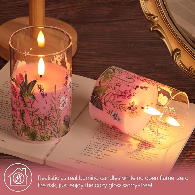 Pink Hummingbird Glass Flameless Candles with Remote, Flickering LED Pillar Candles Battery Operated Set of 3, Spring Home Shelf Decor