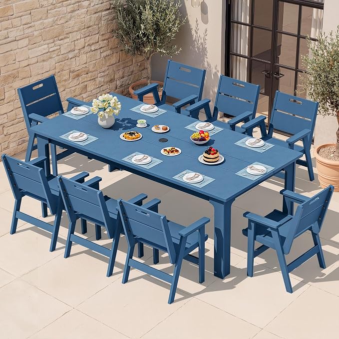 SERWALL 9 Piece HDPE Patio Dining Set, Outdoor Dining Table with 8 Chairs, All Weather Resistant Heavy Duty Outdoor Furniture with Umbrella Hole for Garden Backyard Deck, Blue