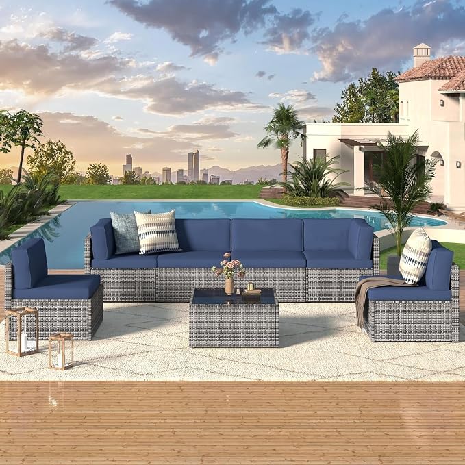 7-Piece PE Rattan Patio Furniture Set with Outdoor Wicker Sectional Sofa and Chairs with Tea Table for Backyard, Garden, Porch, or Deck Conversation Lounge(Blue2)