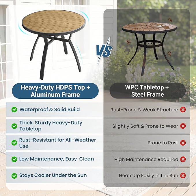 Wisteria Lane Patio Table and Chairs Set for 4, Outdoor Patio Furniture Set with Aluminum Table and Metal Textilene Chairs, All-Weather Outdoor Dining Set with HDPS Round Tabletop for Garden Porch