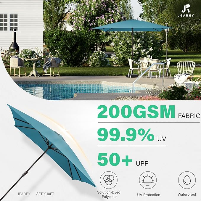 JEAREY 8x10 ft Rectangular Patio Umbrellas Outdoor Table Market Umbrella w/Crank, 8 Sturdy Ribs, UV Protection Windproof Sunproof for Garden, Deck, Backyard, Pool(Cerulean)
