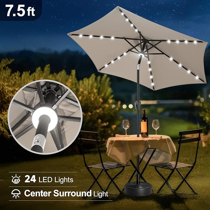 FLAME&SHADE 7.5 FT Solar Light Patio Umbrella, 24 LED Lights Outdoor Umbrella with Centre Surround Light, Table Umbrella Outdoor Patio for Deck, Pool, Backyard, Garden, UV Protection (Taupe)